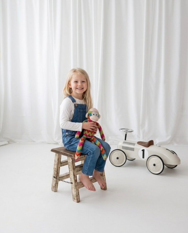 Kinderfotoshooting Trier – Weißes Studio, Kind mit Latzhose und Affe, 3/4-Ansicht