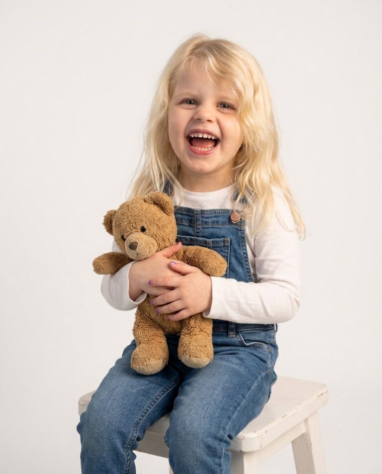 Kinderfotoshooting Trier – Weißes Studio, Kind mit Jeans Latzhose und Kuscheltier