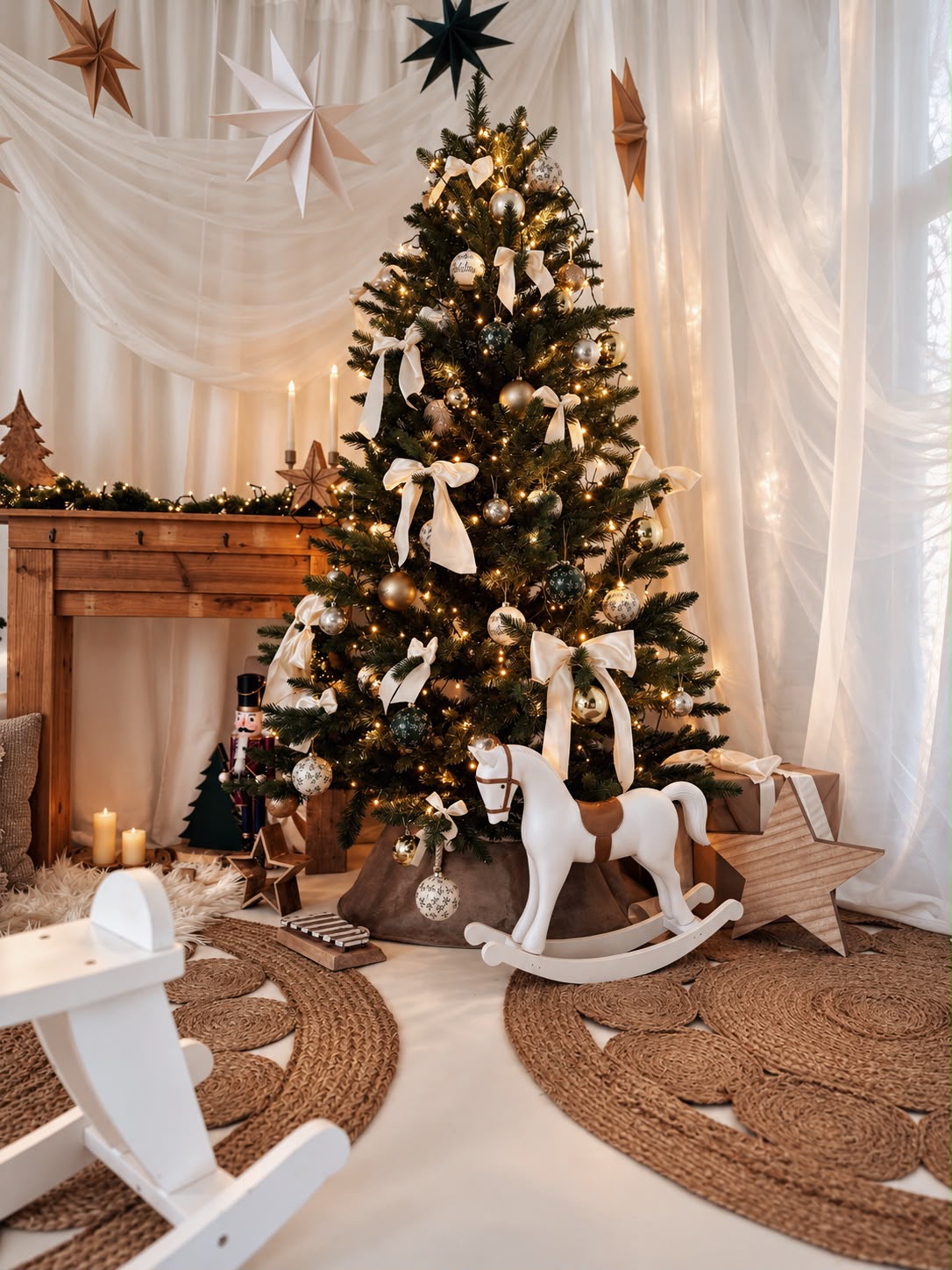 Cozy Christmas Weihnachtsset mit Holzkamin, Papiersternen und Weihnachtsbaum