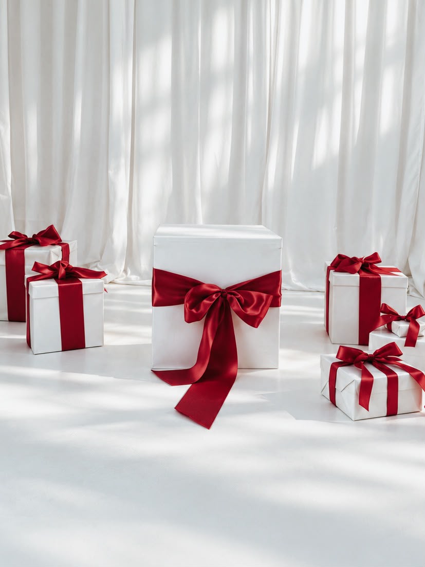 The Christmas Gift Weihnachtsset mit weißer Geschenkbox und roter Schleife