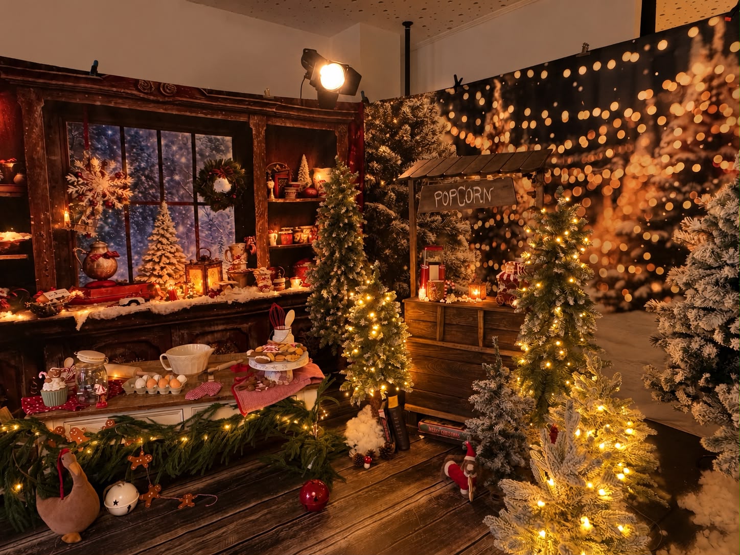 Weihnachtsbäckerei-Fotoset mit Backtisch und nostalgischer Popcornmaschine