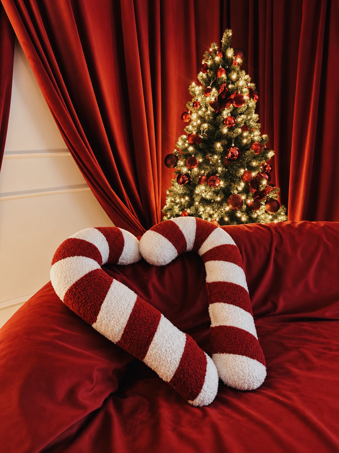Red Velvet Lounge Weihnachtsset mit weißem Sofa und roten Samtvorhängen